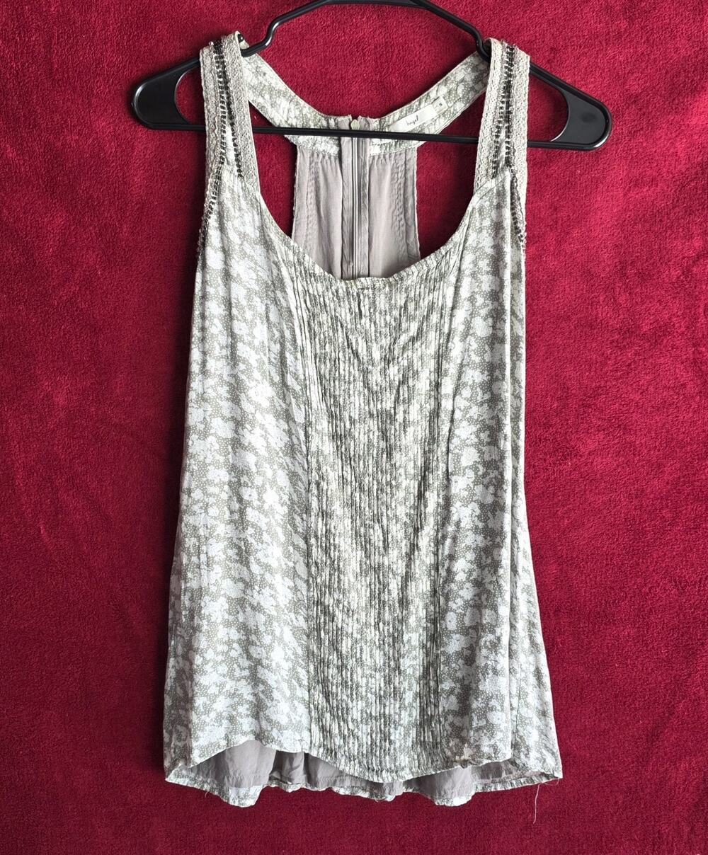 Hazel Women’s Small Beaded Boho Racerback Tank Top Gray Ivory Lined